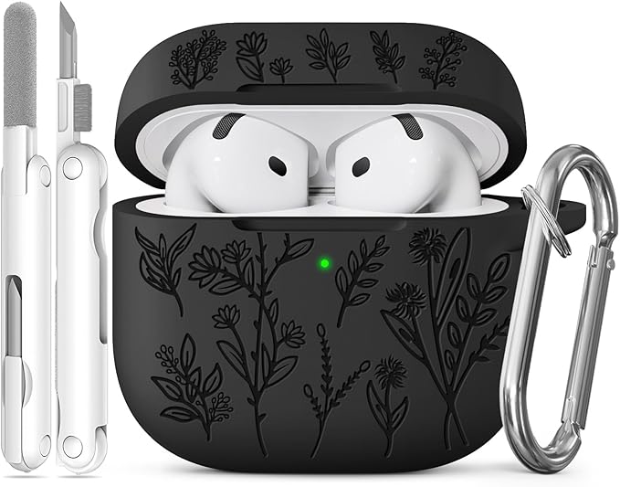 for Airpods 4 Case, Ekoonpft Flower Engraved Cases for Apple AirPods 4th Generation 2024, Soft Silicone Cover for Women Girly with 3-in-1 Cleaner Kit, Keychain, Military Grade Protection