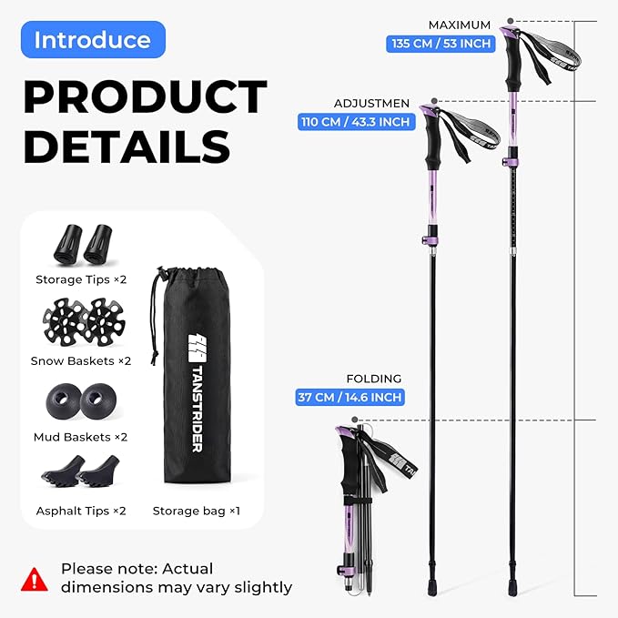 Trekking Poles for Hiking - Collapsible Lightweight 7075 Aluminum Hiking Sticks, 43-53 Inch Adjustable Tri-Fold Walking Poles with Anti-Slip EVA Grip for Men and Women