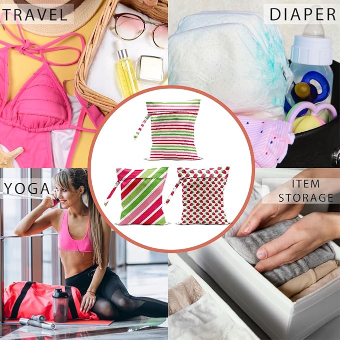 Strawberry Stripe Print Wet Bag, 3 Pack, Washable Reusable Wet Dry Bag for Swimsuit, Dirty Clothes Diaper Travel Pool Gym Party Camping Toiletries Travel Beach Essentials, Strawberry Lover Gifts