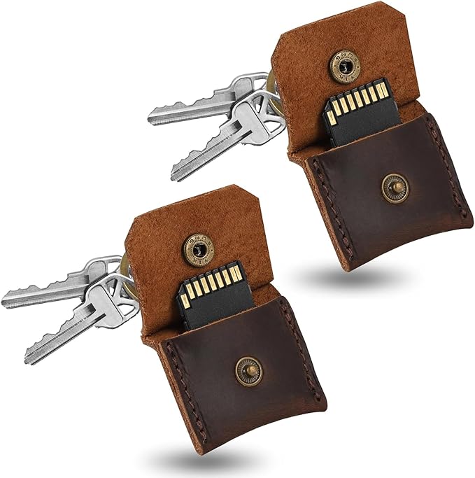 Jack&Chris Genuine Leather SD Card Holder Keychain, Anti-Shock Anti-Dust SD Card Case, Portable Camera Accessories for SD CF CFexpress Micro SD Nano SIM and Micro SIM Cards, Red Brown 2 Packs