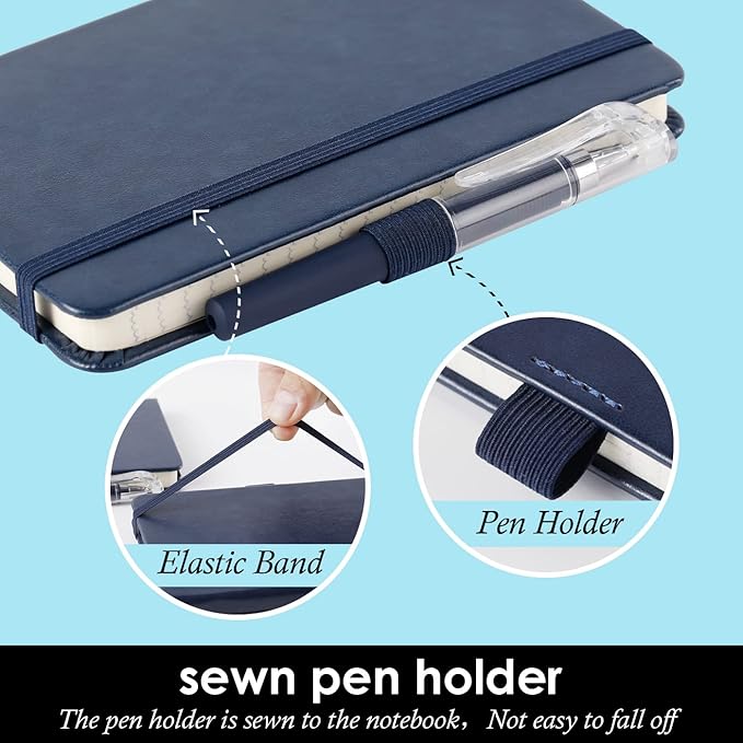 NIRMIRO Pocket Notebook Journals, 3 Pack Mini Small Notebooks for Work, Leather Cover Notepad with 3 pens, Elastic Closure, Blue