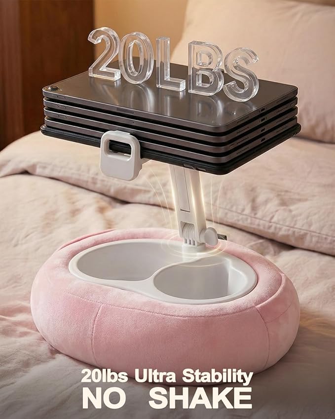 Tablet Pillow Stand, Compatible with 5"-12.9" Kindle, iPad, Phone/Tablet, Google, Samsung, 360° Rotating Phone Holder for Bed, Soft Plush Fabric, Detachable Bowl, Reading and Relaxation on Bed, Pink