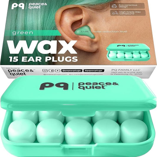 Peace&Quiet | PQ Wax Ear Plugs for Sleeping, Swimming - Soft Noise Cancelling Silicone Gel Wax Earplugs for Sleep and Swimmers, Ear Protection with Sound Blocking Level of 32 Db, Color: Green