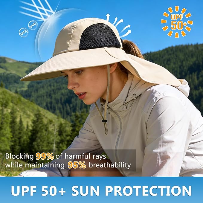 Sun Hat for Men Women with Neck Flap,UPF 50+ UV Protective Hiking Fishing Hats,Wide Brim Sun Hat for Women&Men