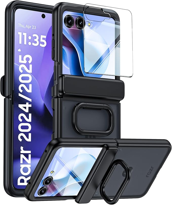 for Motorola Razr 2025 Case/Razr 2024 Case with Ring Holder & Screen Protector & Hinge Protection, Skin Feel Matte PC, Shockproof Phone Cover for Razr 2025/2024-Black (NOT for Plus/Ultra)