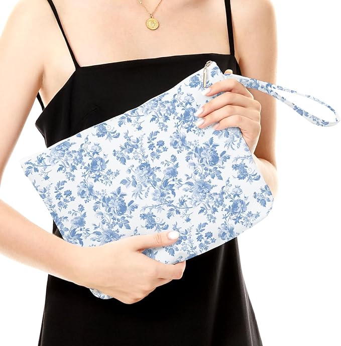 Fokongna Floral Print Wet Bag, Small Portable Waterproof Multi-Functional Organizer for Women, Sky Blue Toile De Jouy,Ideal for Daily, Beach & Travel,