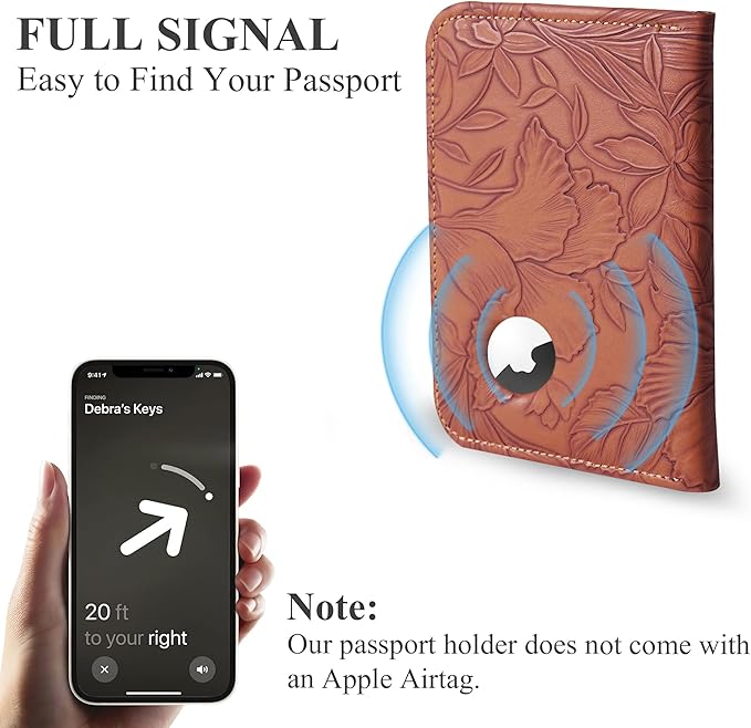 lizimandu Passport Holder with Airtag Slot, Airtag Passport Wallet for Men Women, Slim Leather Passport Holder Case Family for Travel Anti-Lost(1-Carved Light Brown)