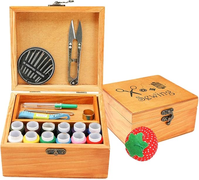 Sewing Kit, Wooden Sewing Kit Box for Adults, Wooden Sewing Basket with Accessories, Home Sewing Basket Stitching Repair Kit for Beginner, Women, Men (Brown)