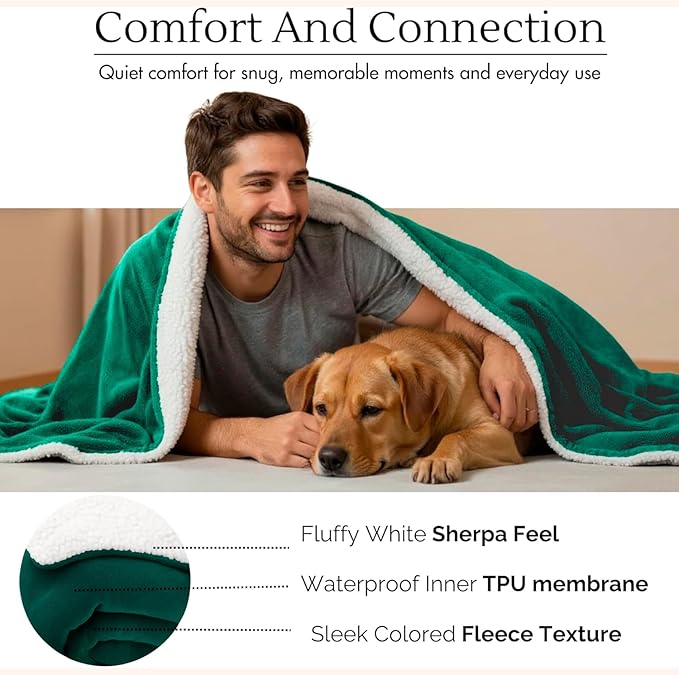 Waterproof Blanket for Bed Intimacy (80"x 60" Queen Size) Reversible Fleece | Sherpa, Love Blanket, Water Proof TPU Stain Proof Couch Furniture Mattress Winter Large Dog Bed Cover - Green
