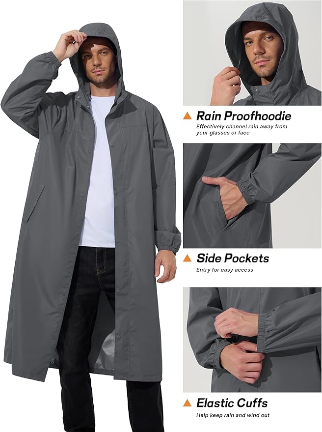 UIQUR Men's Rain Jacket Lightweight Long Raincoat Hood Rain Poncho Waterproof Windbreaker Cycling Running Hiking Packable