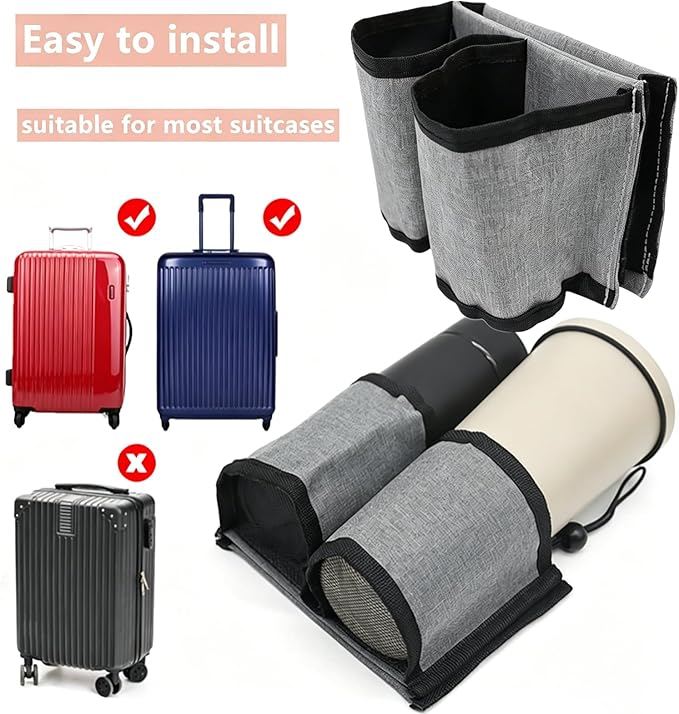Luggage Travel Cup Holder - Hands-Free Double Coffee Carrier for Suitcases, Ideal for Flight Attendants, Business Trips, Airport Transfers & Train Journeys (Grey)