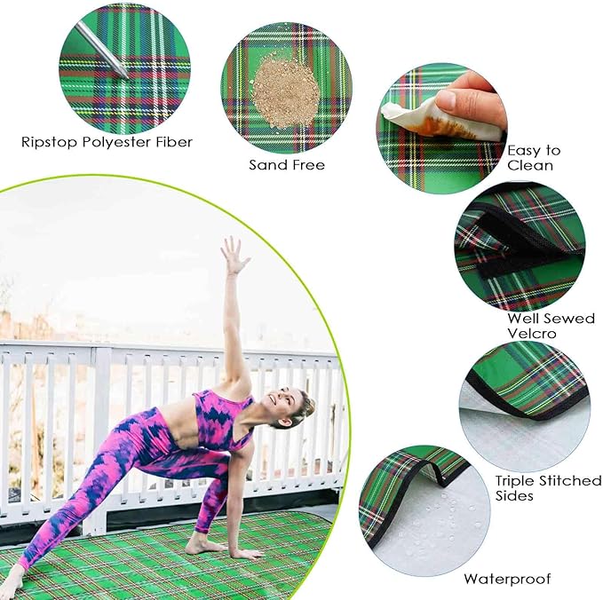 Beach Picnic Blanket, Sandproof Waterproof Camping Blankets Large, Outdoor Sandfree Foldable Mat 55x40in, Oversized Packable Family Mats for Hiking, Camping, Park, Travel, Grass Concert-Green