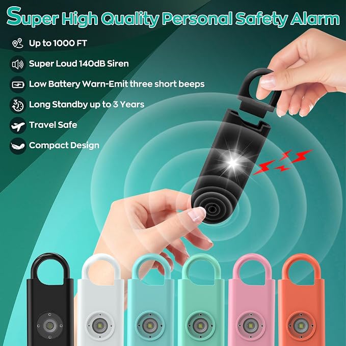 Fauxomor 140dB Personal Safety Alarm for Women, 3 Pack Safe Alarm Protection Keychain with Strobe Light & Low Battery Notice, Security Siren Self Defense for Seniors College Girls, Orange+Blue+Black