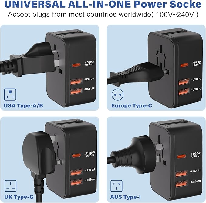Travel Adapter Fast Charge,Worldwide All in One Universal Travel Adapter with PD3.0 Type C & USB-A Quick Charging Portable Wall Charger,AC Power Converters for USA UK EU AUS-Black
