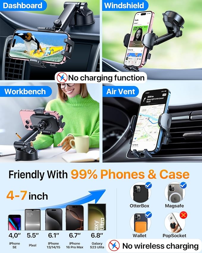 HTU【98+LBS Strongest Suction & Military-Grade Ultimate Car Phone Mount【Patent & Safety Certs】 Cell Phone Holder Truck Stand for Dashboard Windshield Vent for iPhone 17 Pro Max 16 15 Samsung,Navy Blue