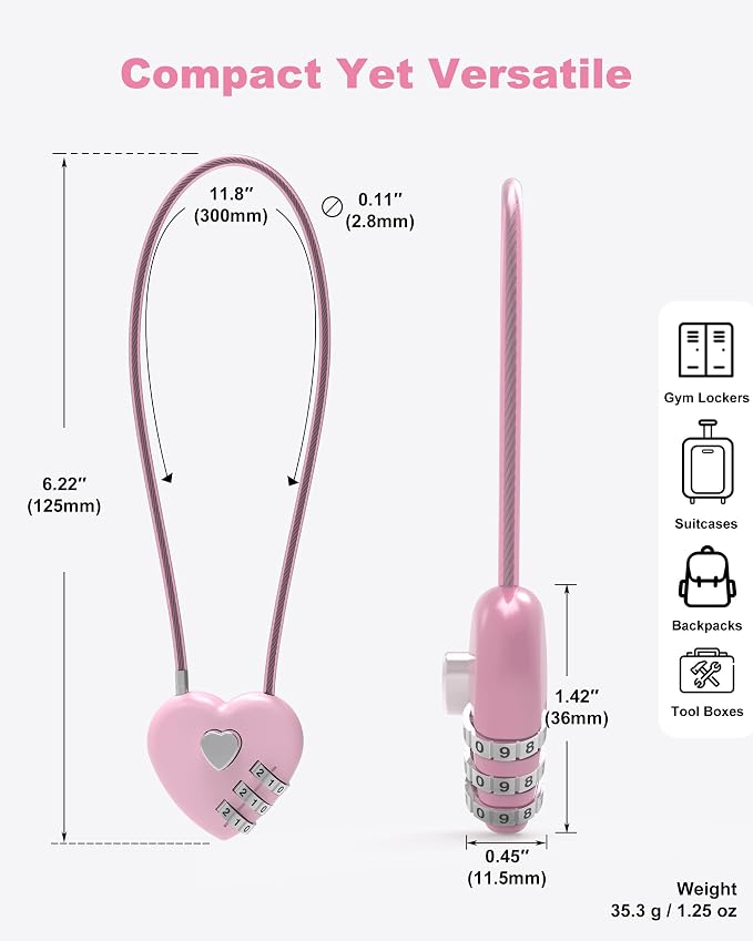 Small Cable Lock with Combination, Combo Lock with Code, Pink Cable Padlock for Luggage, Cabinet, Closet, French Fridge Door, Stroller, Bike Helmet, Pet Cage, Pool Gate, Outdoor Fence