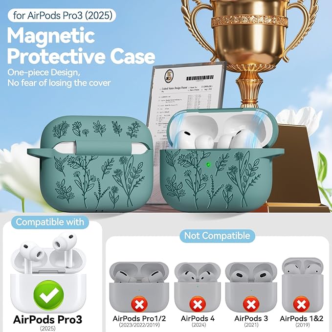 for Airpods Pro 3 Case with Magnetic Lid, Flower Engraved Cases for Apple AirPods Pro 3rd Generation 2025, Soft Silicone Cover for Women Girly with Cleaner & Keychain, Shockproof