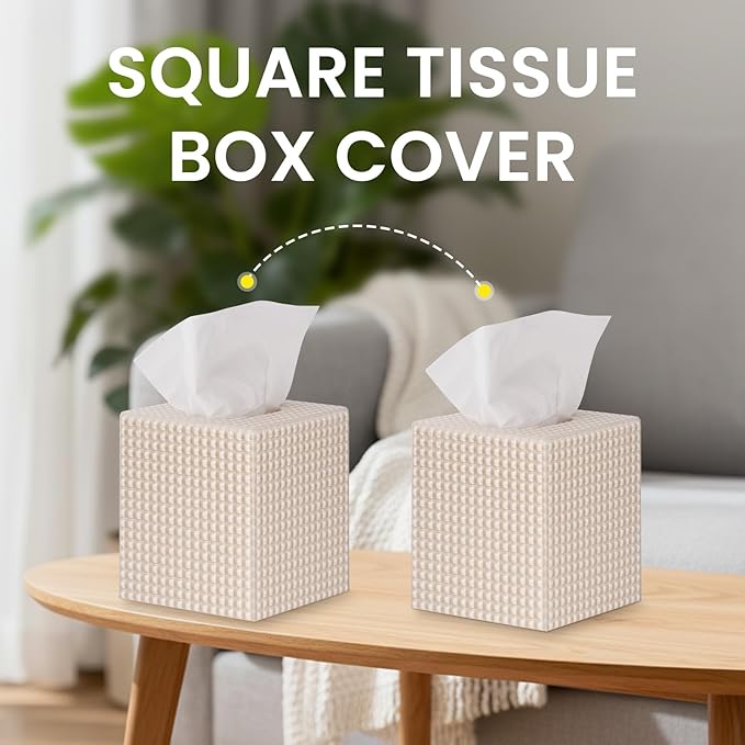 2 Pack Tissue Box Cover Beige, Square Acrylic Tissue Holder, Decorative Facial Tissue Box Vessel Cube Paper Organizer Dispenser for Bathroom Office, Night Stand, Desk, Car, Vanity, Countertops