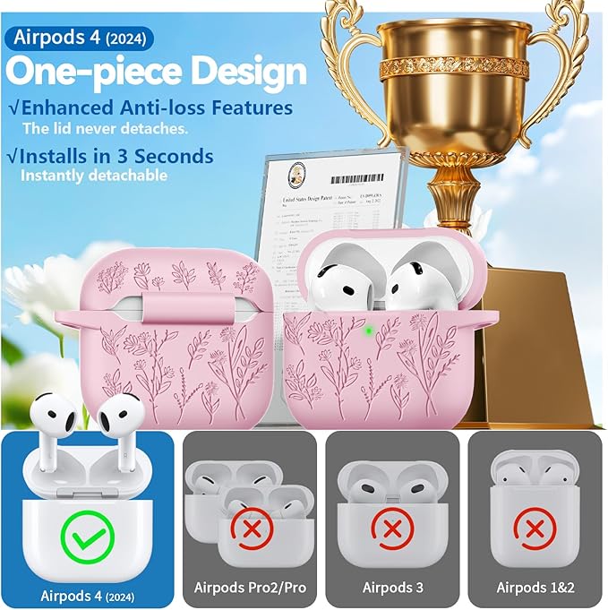 for Airpods 4 Case, Ekoonpft Flower Engraved Cases for Apple AirPods 4th Generation 2024, Soft Silicone Cover for Women Girly with 3-in-1 Cleaning Kit & Keychain, Anti-Scratch, Shockproof