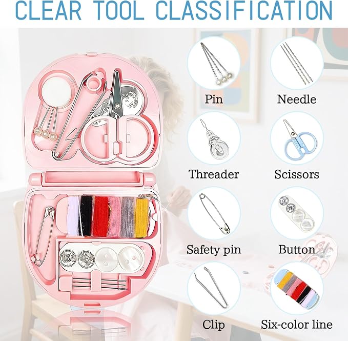 OLLBIT Heart Shaped Travel Sewing Kit Mini,Pink Portable Travel Sewing Repair Kit,DIY Sewings Box with Scissors Pins Marking Pins Thread Tweezers Needles Buttons Threading Needle(1 Pcs(Pink Heart))