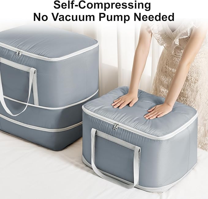 Comforter Storage Bag - 120L Bedding Storage Bags for Moving Closet, Washable Blanket Storage Bag, Ultra Space Saving Self Compression Organizer, 2-Pack, Grey