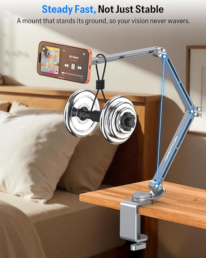 OMOTON Tablet Stand for iPad with 360° Rotation, GH04 Aluminum Alloy Long Arm Phone Mount with Magnetic Phone Head & Plastic Tablet Clamp, Adjustable Holder for 4-13" iPad Pro/iPhone, Grey