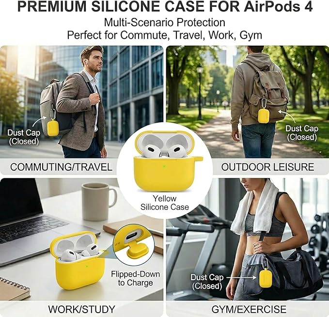 for Airpods 4th Case Cover, Come with Cleaner Kit,Soft Skin Silicone Case Cover with Keychain, Full Protective Case for Men and Women, Compatible with AirPods 4th Generation Case,Yellow