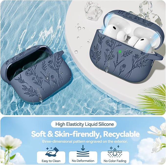 for Airpods Pro 3 Case with Magnetic Lid, Flower Engraved Cases for Apple AirPods Pro 3rd Generation 2025, Soft Silicone Cover for Women Girly with Cleaner & Keychain, Shockproof