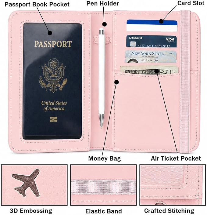 ZOPPEN RFID Blocking Passport Holder for Travel – PU Leather Waterproof Lightweight Passport Cover Wallet for Women Men, Travel Organizer with Card Slots for Airline Tickets & Passport Book, Pink