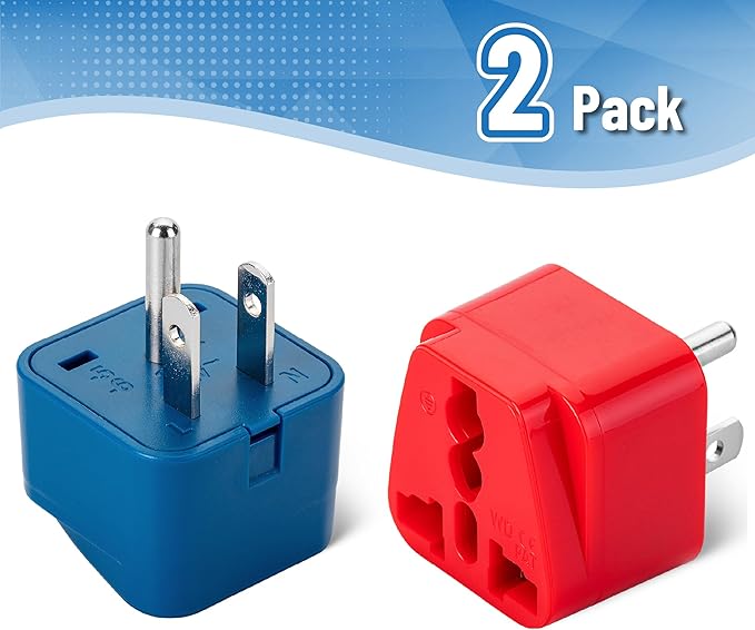 Bates- UK to US Plug Adapter, 2 Pack, Blue and Red, EU to US Plug Adapter