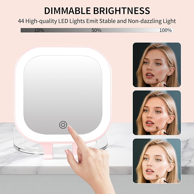 FUNTOUCH Rechargeable Travel Makeup Mirror 30X Magnification, 4.5" Lighted Portable Vanity Mirror with 3 Colors Lighting & Stepless Dimming, Double Sided LED Mirror, Gift for Women (Pink)