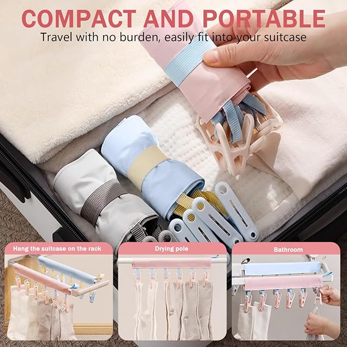 Travel Hangers Foldable, 3Pcs Travel Hangers, Portable Foldable with 6 Clips for Swimsuit, Towel & Sock Space-Saving Drying Rack for Hotels, Camping