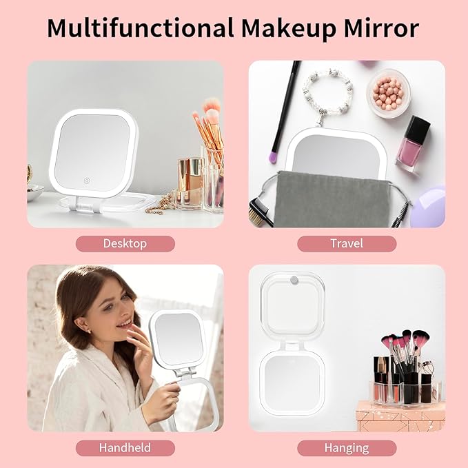 DESCHEN Travel Makeup Mirror with Lights, Rechargeable 1X/10X Magnifying Vanity Mirror, 7" Portable Lighted Makeup Mirror with Magnification & 3 Color Light, Dimmable Touch Screen, Folding LED Mirror