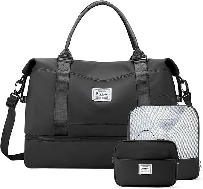 Weekender Bags for Women,Travel Duffle Overnight Bag with Shoe Compartment,Personal Item Carry On Bag,Black,Extra Large,3 Pcs Set