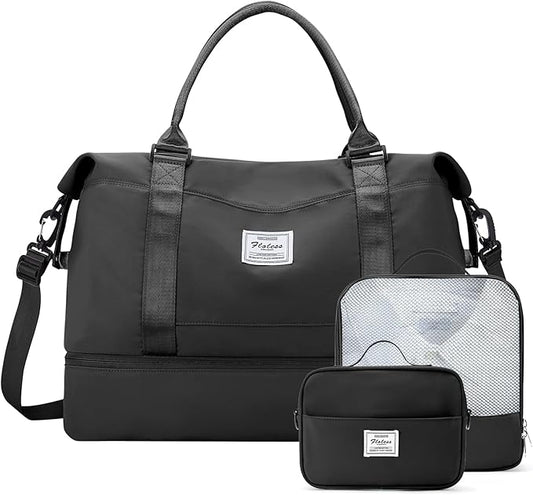Weekender Bags for Women,Travel Duffle Overnight Bag with Shoe Compartment,Personal Item Carry On Bag,Black,Extra Large,3 Pcs Set