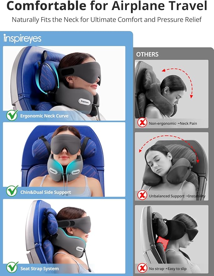 Inspireyes Neck Pillow, Travel Pillow with Seat Strap, 3D Sleep Mask, Dual Support Neck Head, High Supportive Foam Airplane Pillow for Long Flight Road Trip, Stop Bobblehead Travel Essential, Beige