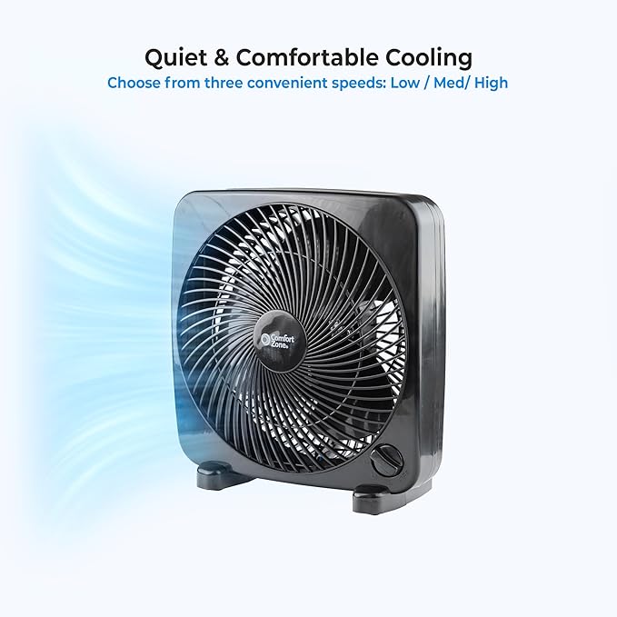 Comfort Zone 9-inch Portable Box Fan – Compact Desktop Cooling Fan with 3-Speeds, Quiet Operation, Built-in Carry Handle & Safety Grill – ETL Listed for Home, Office, or Dorm – Black