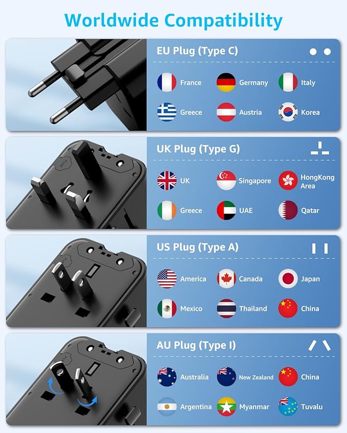 “Air” Universal Travel Adapter, Slim International Travel Plug Adapter with 2 USB-C(PD 25W) ＆ 2 USB-A Ports, All in One Portable Adaptor, for USA, UK, EU, AU ＆ 224+ Countries (Black) US