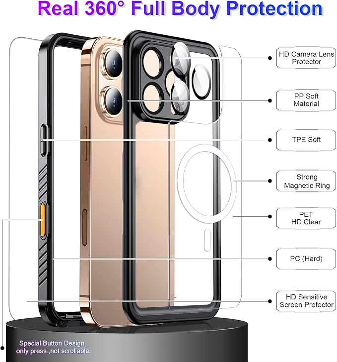 Compatible with iPhone 16 Pro Max Case Waterproof, Compatible with MagSafe Built-in Screen & Camera Protector IP68 Underwater Full Body 16FT Military Dropproof Shockproof Phone Case 6.9"-Black
