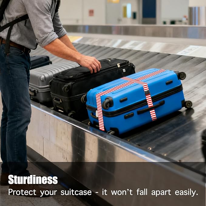 Nuxovilar Luggage Straps for suitcases red White Vertical Stripe Polyester 1.96x90.5inch 2 Set Suitcase Cargo Strap Travel Accessory Airport Hotel Road Trip
