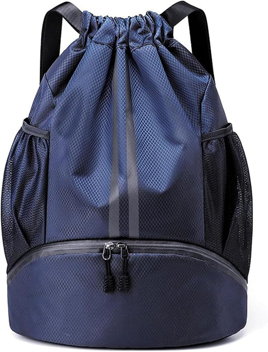 JELUTAR Drawstring Backpack Gym Bag with Shoes Compartment for Soccer, Basketball, Swim, Water-Resistant String Backpack Beach Cinch for Women Men, Navy Blue