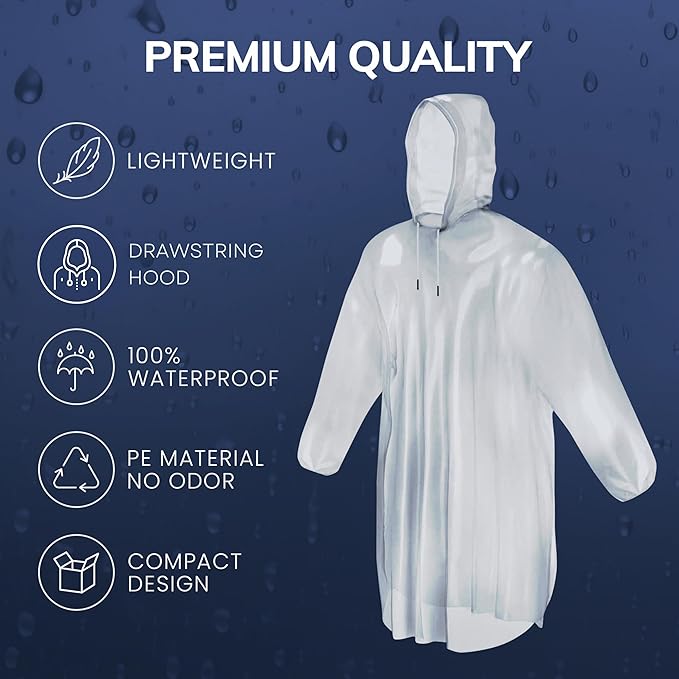 Mindful Design Rain Ponchos with Drawstring Hood Disposable Emergency Poncho for Adults