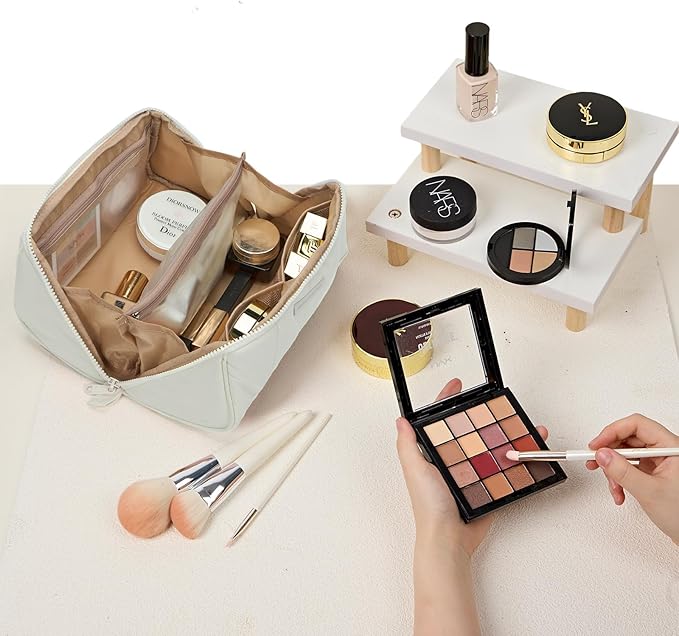 NISHEL Travel Makeup Bag for Women, Fluffy & Lightweight Open Flat Cosmetic Organizer with Multiple Functional Divider for Brush Independent Storage, Handle for Easy Portability, Beige