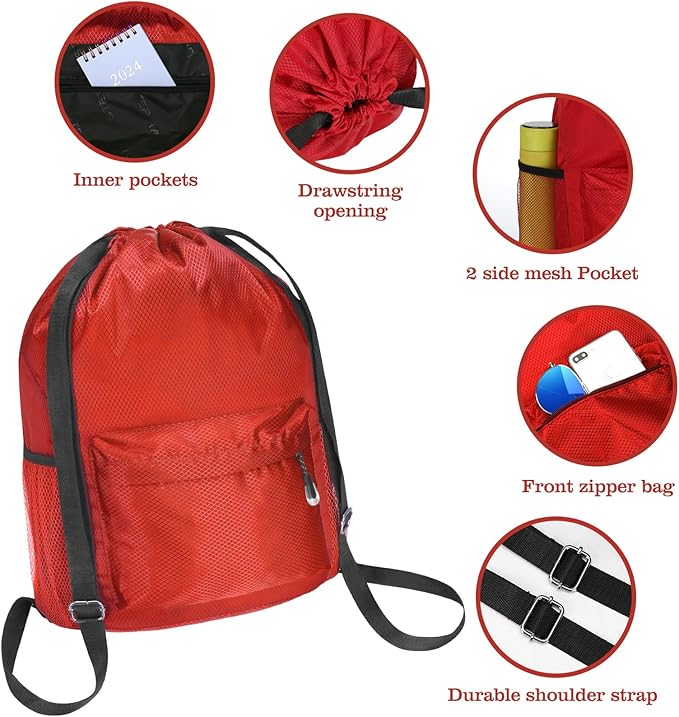 Waterproof Drawstring Bag, Lightweight String Backpack with Water Bottle Holder and Pockets, Gym Sports Cinch Sackpack (Red)