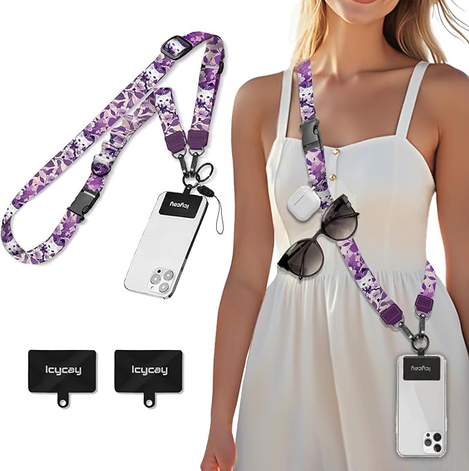 Icycay Phone Lanyard Crossbody, White Cat Cell Phone Strap for Around The Neck Adjustable, Purple Anti Theft Cute Lanyard for ID Holder Key Accessories Travel Essential