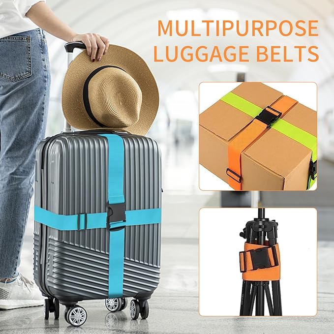 BILIONE Luggage Straps, 79" Long Belts Keep Suitcase Secure While Traveling, TSA Approved Add a Bag Premium Accessory for Travel Bag Closure (Blue+Rose Pink, 8Pcs)
