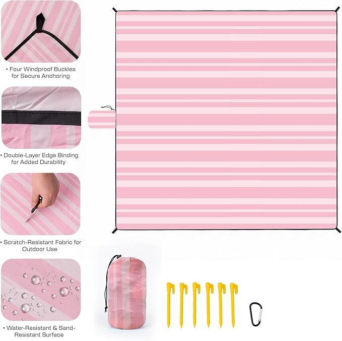 OIGAE 7x7ft Sandproof Beach Blanket - Large Waterproof Picnic Mat for 3-4 People, Lightweight Sand Free Mat for Summer Vacation with 6 Stakes & 4 Corner Pockets for Beach, Camping, Festivals