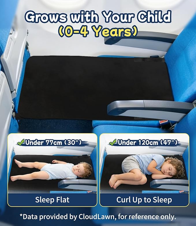 Toddler Airplane Bed, Airplane Seat Extender for Kids, Portable Velvet Plane Bed for Long Flights, Non-Slip Washable Seat Extender with Farm Busy Book & Travel Essentials, Black