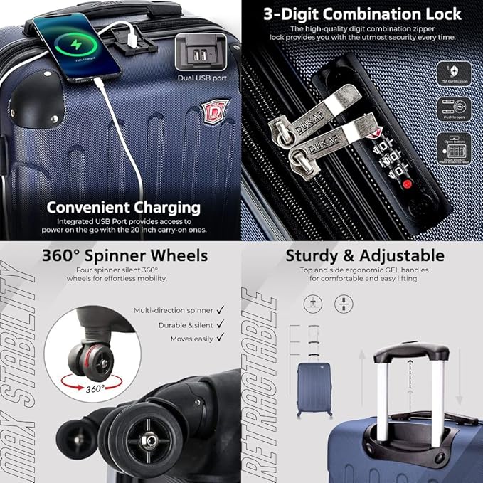 DUKAP INTELY Luggage with Integrated USB Port and Spinner Wheel | Spacious Travel Suitcase with TSA Lock and Ergonomic GEL Handle | 20 Inch Hardside Carry-On Luggage | Blue