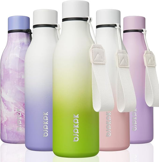 BJPKPK Insulated Water Bottles, 18 oz Stainless Steel Metal Water Bottle with Strap, BPA Free Leak Proof Jugs, Mugs, Flasks, Reusable Thermal Flasks for Sports & Travel, Elegant Green